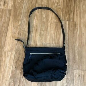 Coach Signature Jacquard Dark Brown Canvas Bag with Black Leather Strap. EUC